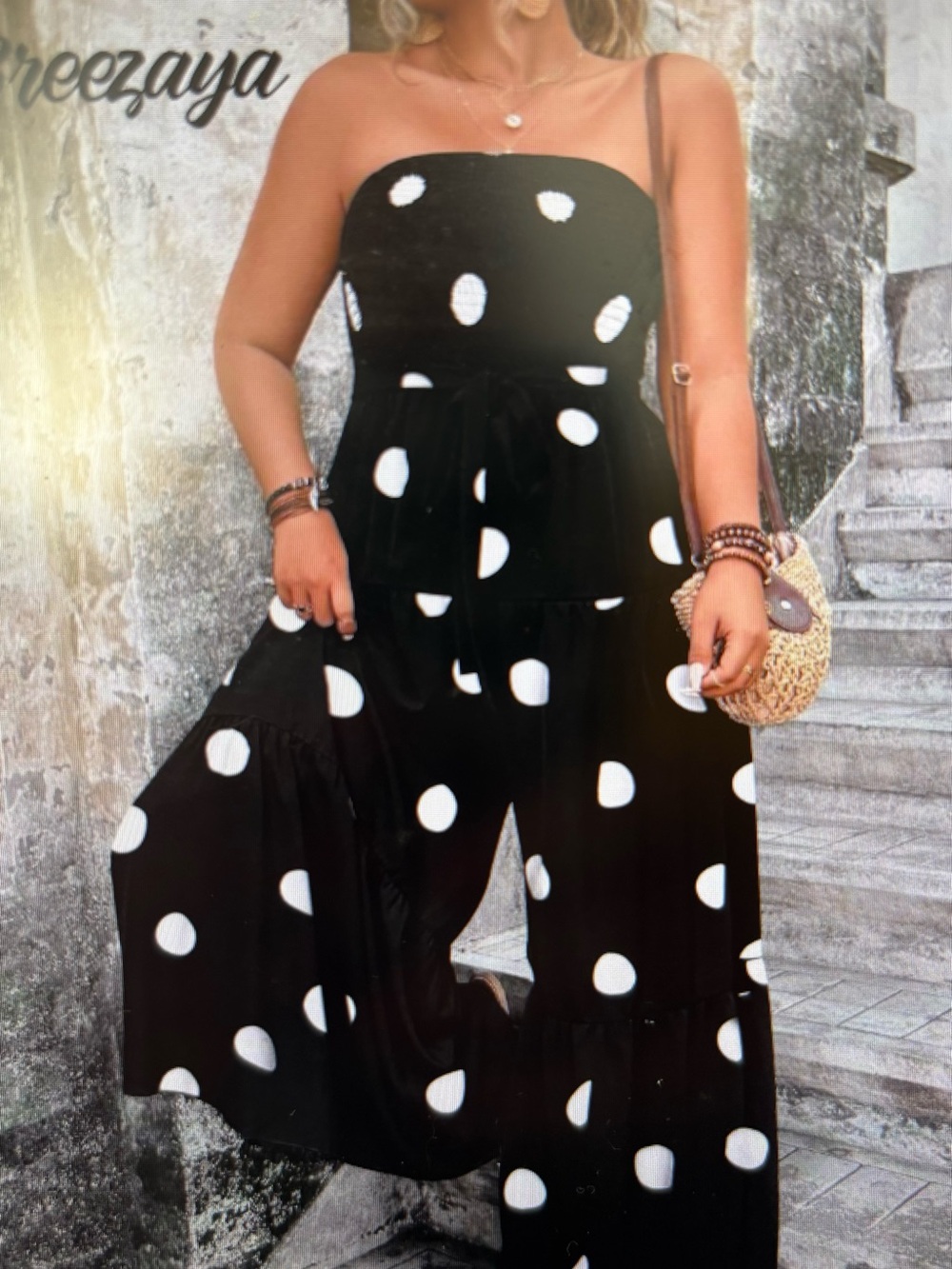 SHEIN Black & White Polka Dot Strapless Wide-Leg Jumpsuit